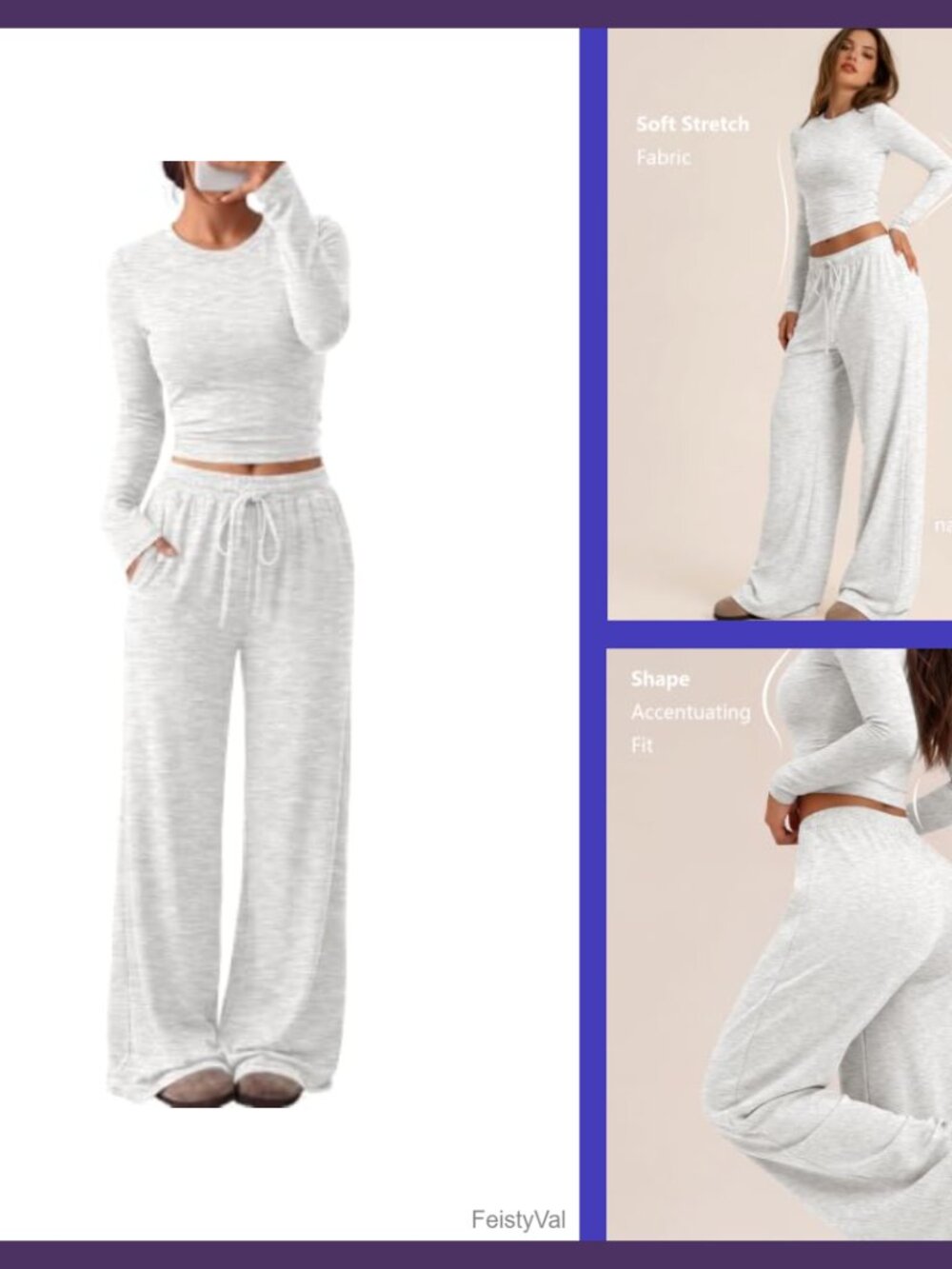 Women's 2 Piece Lounge Set Long Sleeve Cropped Top Wide Leg Pants